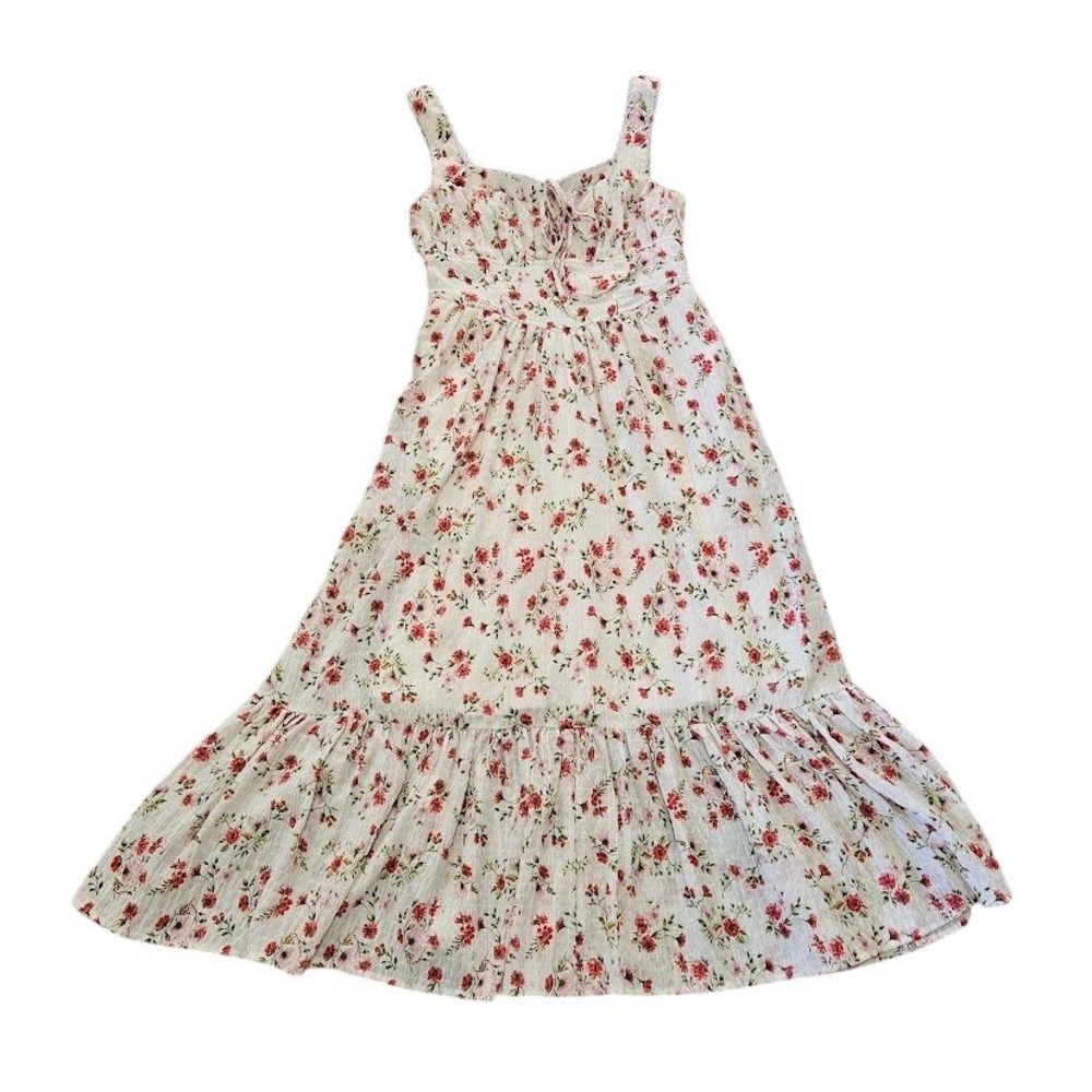 Band of the Free Floral Midi Dress Cream Red Smocked Back Lace Trim Size Medium
